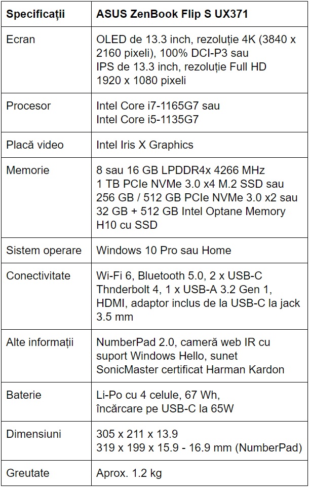 Specificatii ASUS ZenBook Flip S UX371