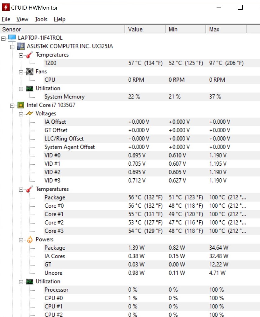 Temperaturi maxime CPU Asus ZenBook 13 UX325JA