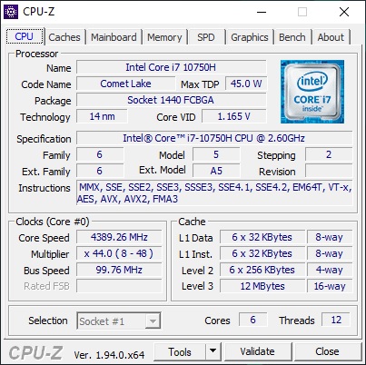 Info CPU-Z Acer Predator Helios 300 PH317-54