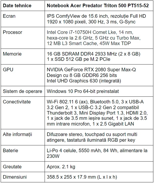 Specificatii notebook de gaming Acer Predator Triton 500 PT515-52