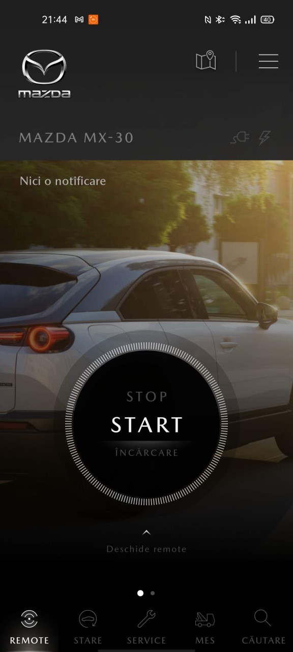 Screenshot aplicatie My Mazda cu Mazda MX-30 2021