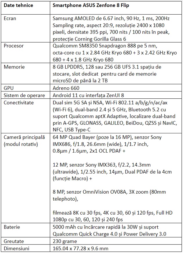 Specificatii ASUS Zenfone 8 Flip