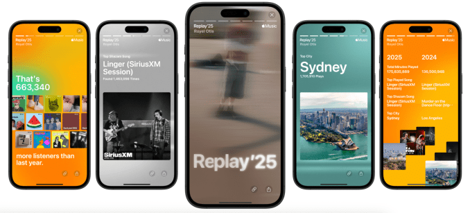 Apple Music Replay displayed on 5 smartphones
