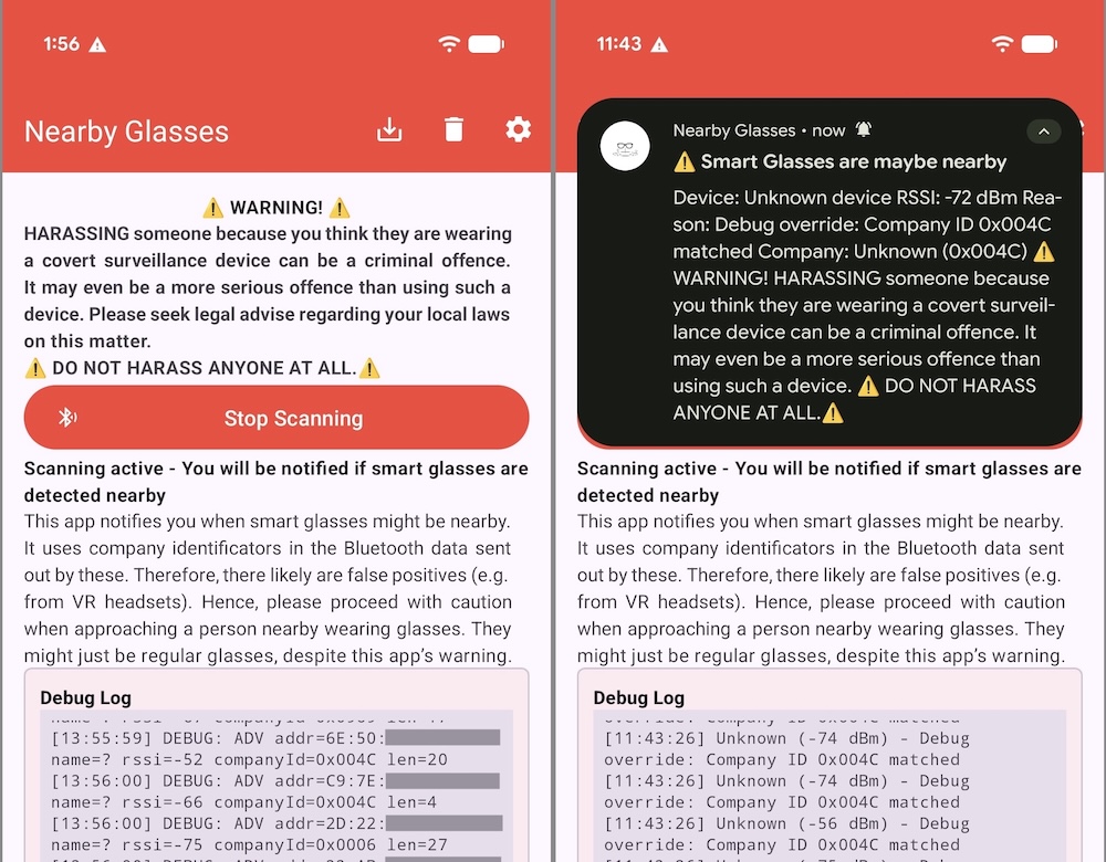 side-by-side screenshots showing the Nearby Glasses app working, with a phone notification alerting the user that there's a nearby glasses wearer.