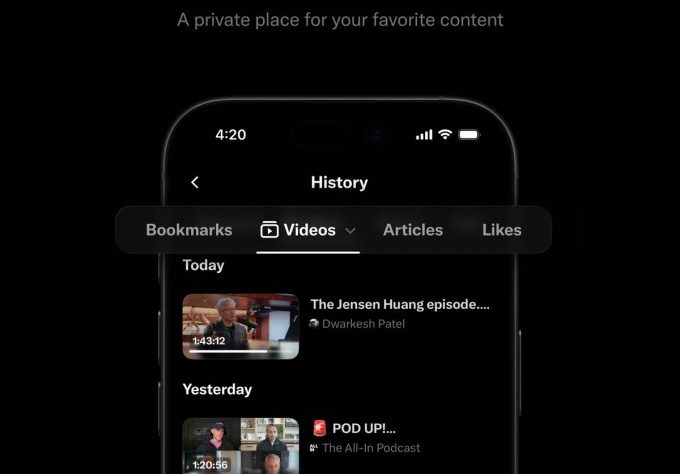 X introduces a History section for bookmarks, likes, videos, and articles.