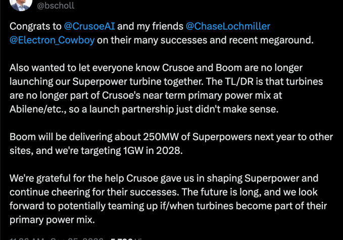 Crusoe drops $1.25B project to implement Boom turbines at AI data facilities.